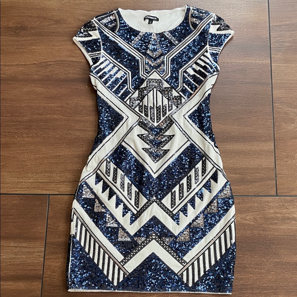 Express, women’s XS, art deco Blue and White Geometric Sequin Dress